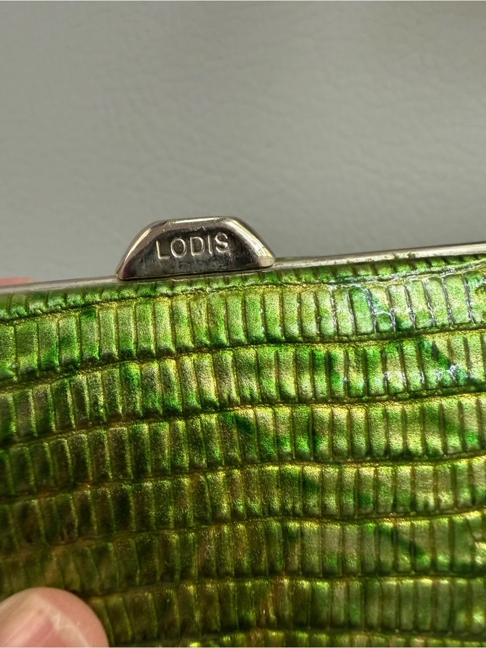 Lodis Green Metallic Crocodile Embossed Frame Clutch Mini Wallet